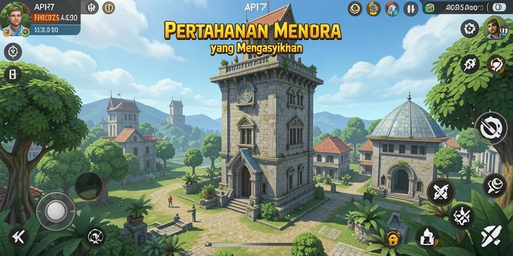 Tampilan gameplay seru dari menara yang melawan gelombang musuh.
