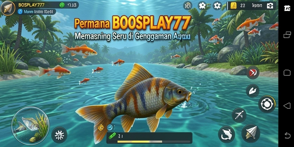Tampilan gameplay <strong>BOSPLAY77</strong> yang menampilkan keseruan memancing di alam terbuka.