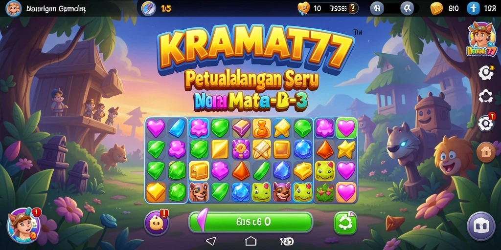 Screenshot KRAMAT77 menampilkan gameplay seru Match-3 dengan objek berwarna-warni.